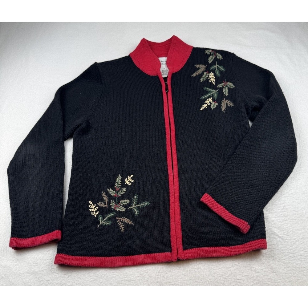 BRECKENRIDGE Black Red Tree Pine Foliage Sweater Cardigan Zip Collar Sz Petite M